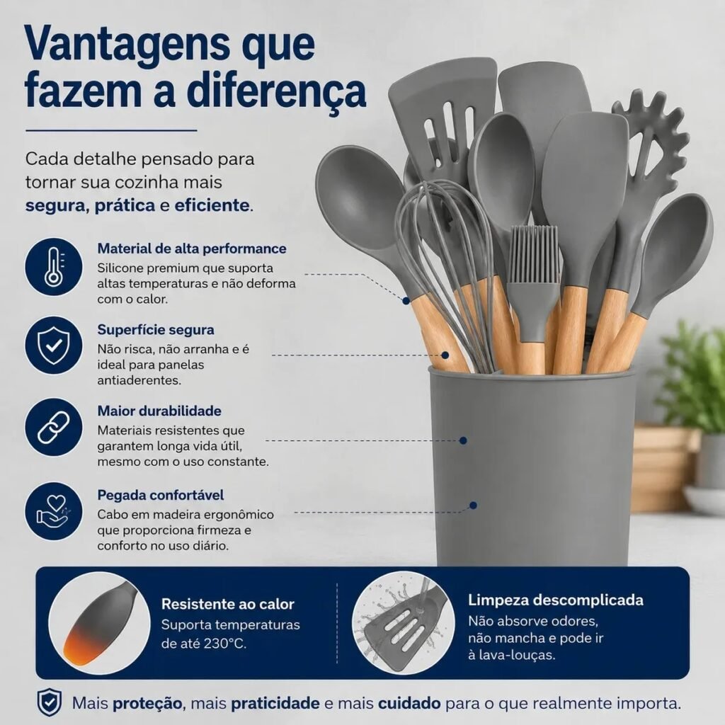 Conjunto 12 Utensílios Silicone Escumadeira Cozinha Cinza