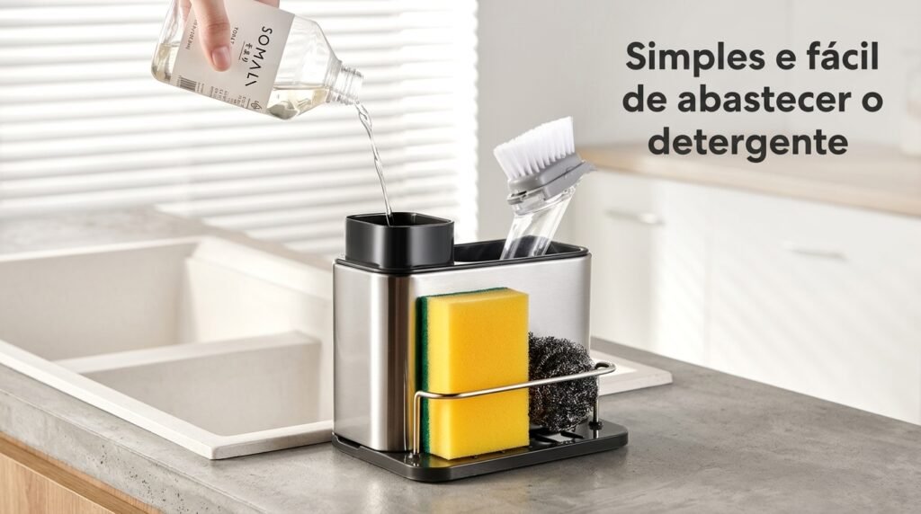 Dispenser de Detergente em Aço Inox com Porta-Esponja e Dosador para Pia