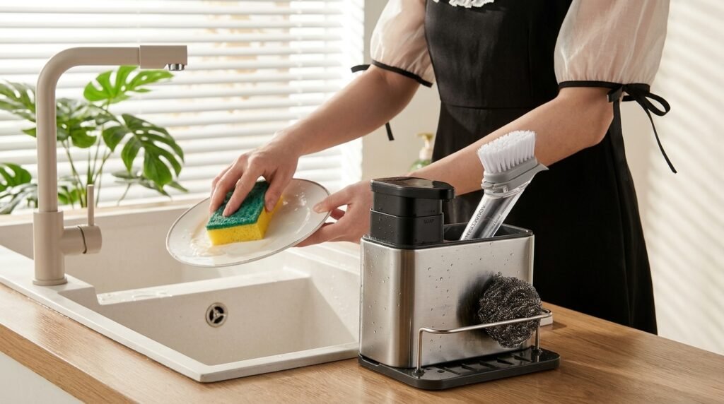Dispenser de Detergente em Aço Inox com Porta-Esponja e Dosador para Piaa