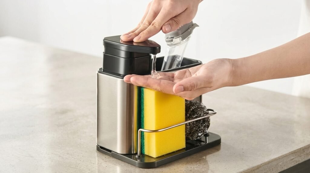 Dispenser de Detergente em Aço Inox com Porta-Esponja e Dosador para Pia