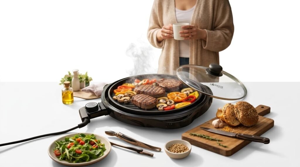 Grill Elétrico Redondo Premium 40cm Grelha 25,5 cm Antiaderente Cor Preto