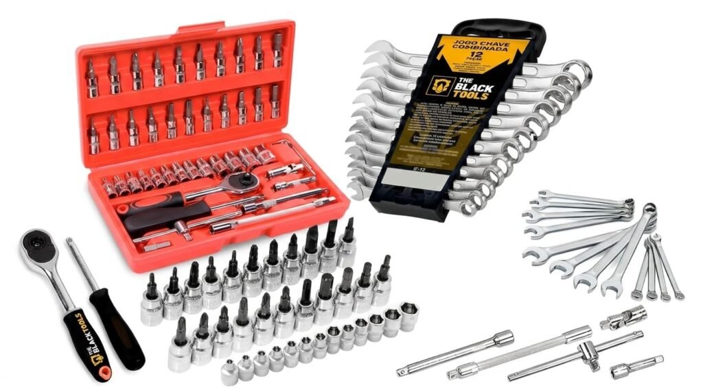 Kit Jogo De Ferramentas Completo C Soquetes Chaves Aço Crv CinzaA