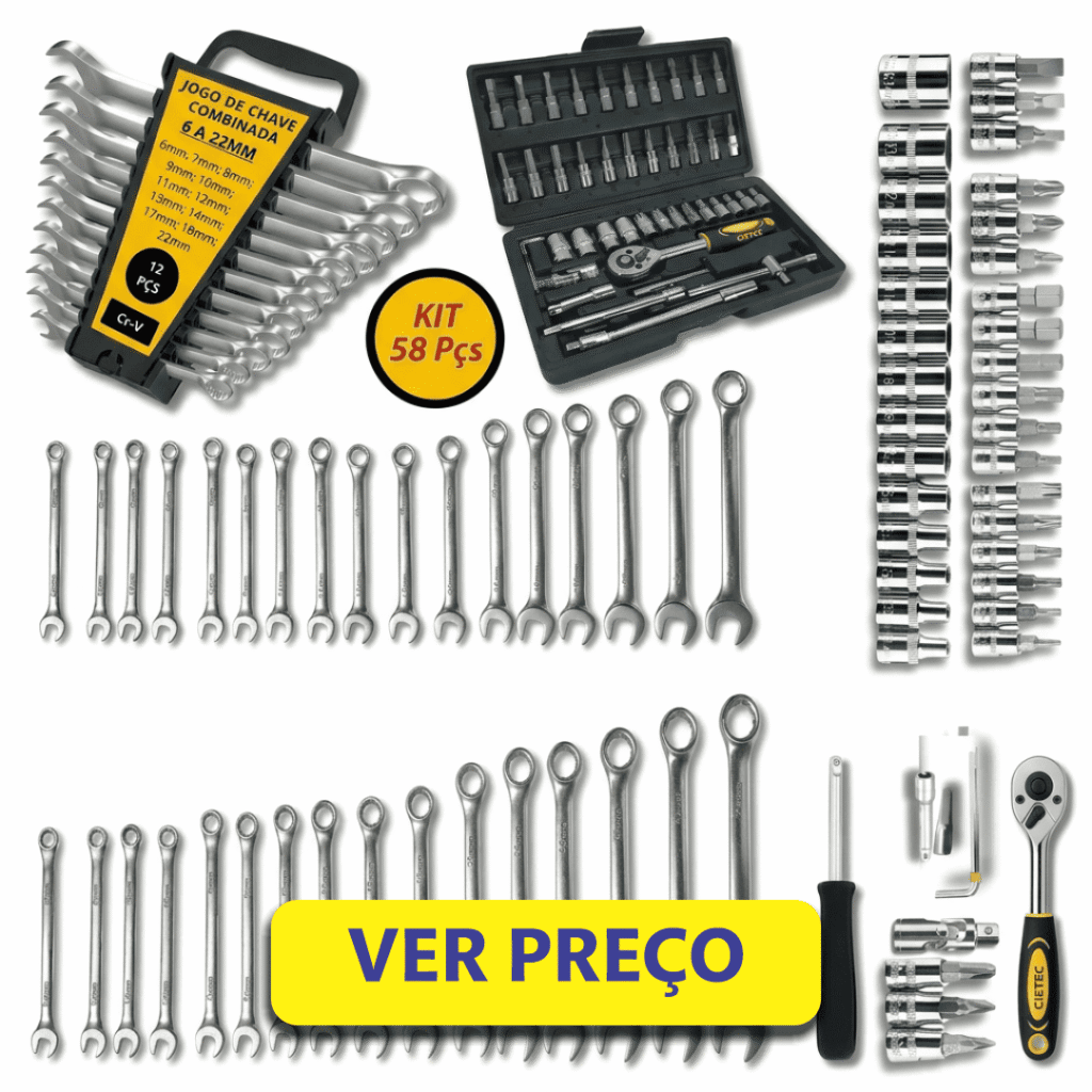 Kit completo com 58 peças em aço CrV, incluindo soquetes, catraca e chaves combinadas. Qualidade Cietec e acabamento premium.